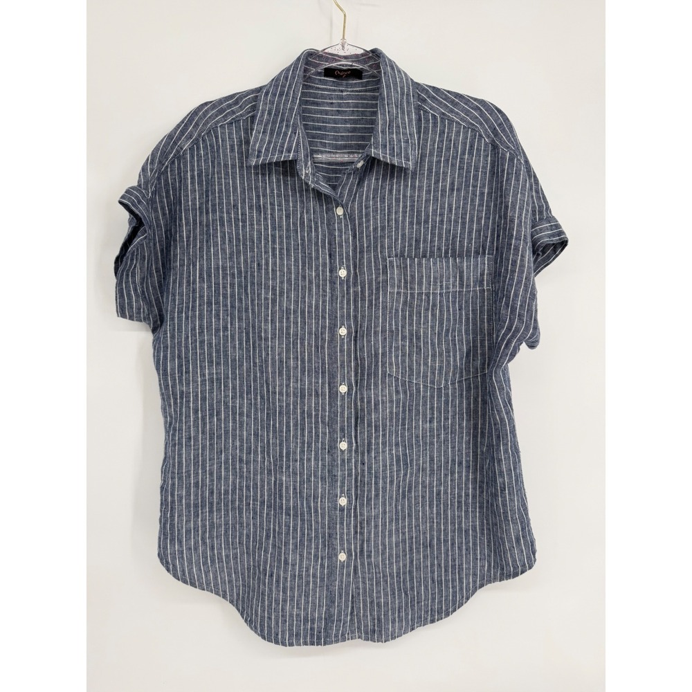 Quince Womens Navy Blue White Pinstripe Linen Short Sleeve Button Up Shirt Sz M